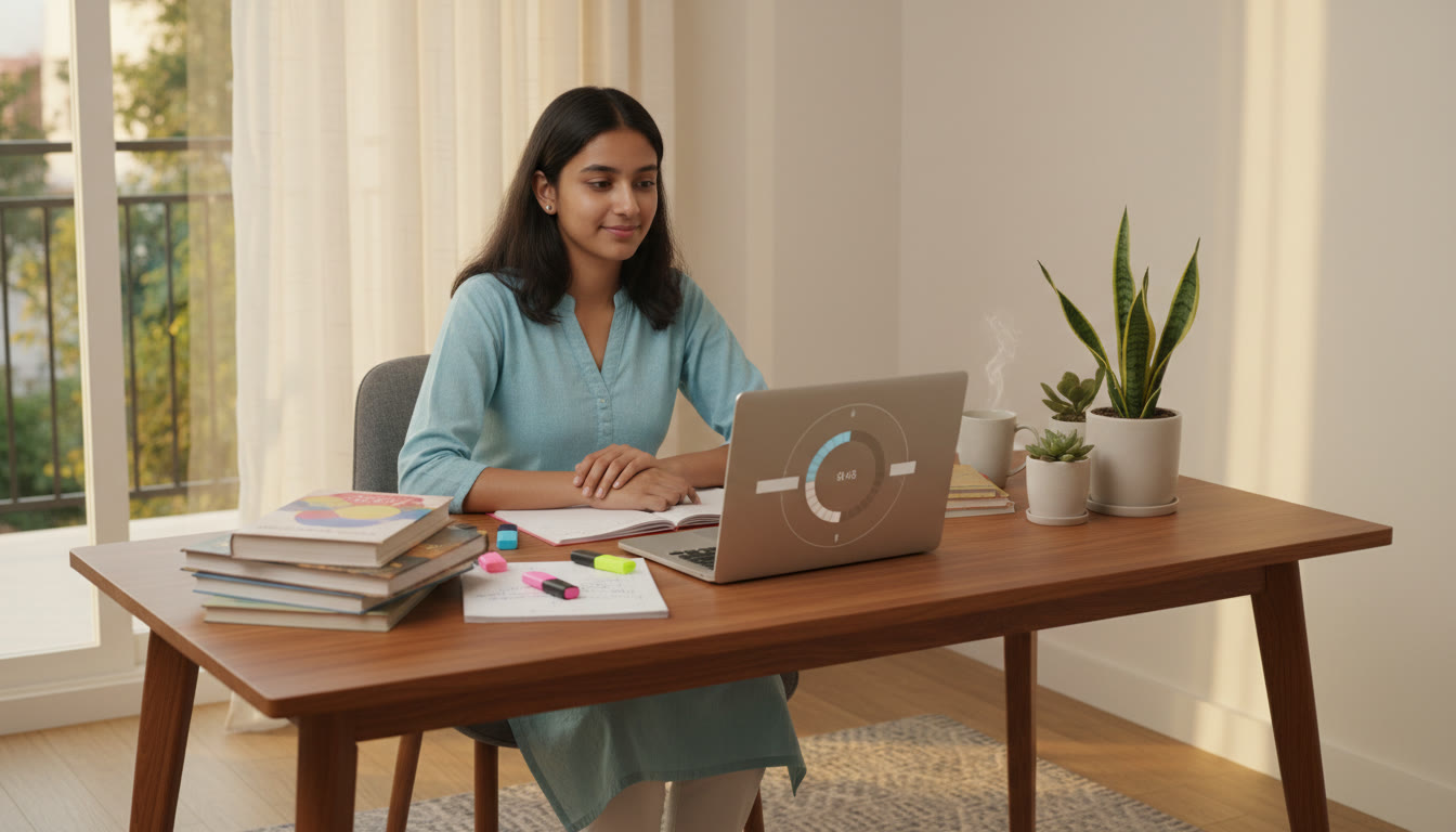 Photo Idea : A focused student at a desk with JEE study materials and a laptop showing a mock test timer