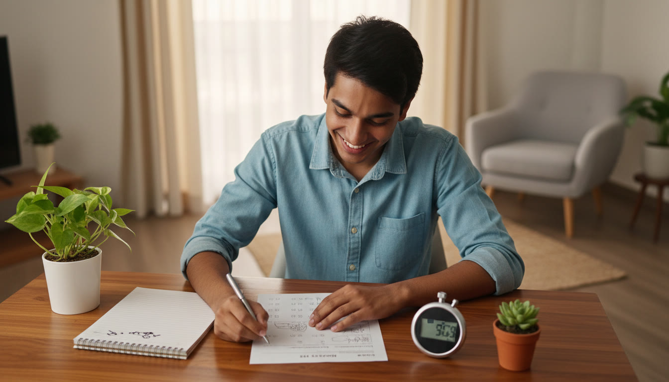 Photo Idea : Student at a desk with a mock test paper, a stopwatch, and an open error log notebook