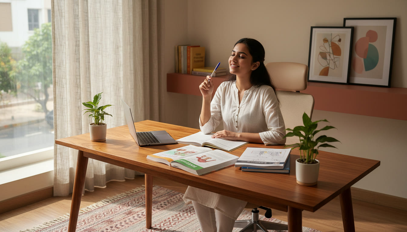 Photo Idea : A thoughtful student at a study desk with biology and physics books open, holding a pen and taking a breath