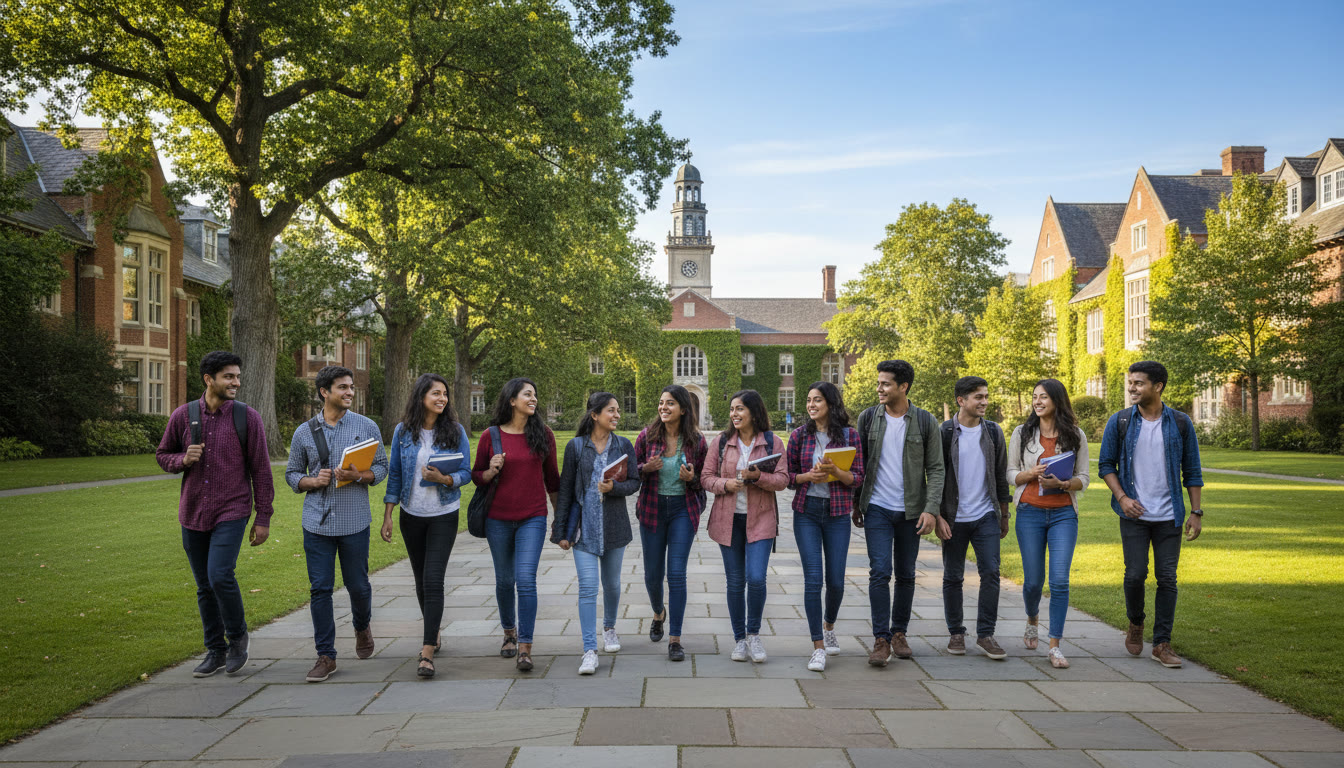 Photo Idea : Students walking across a university quad, a mix of Indian and international students with backpacks