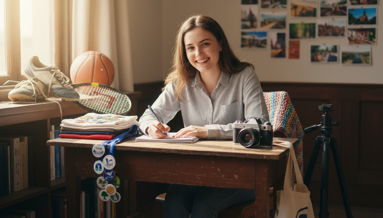 Photo Idea : A student writing in a notebook surrounded by CAS artifacts — sports gear, volunteer badges, and a camera.