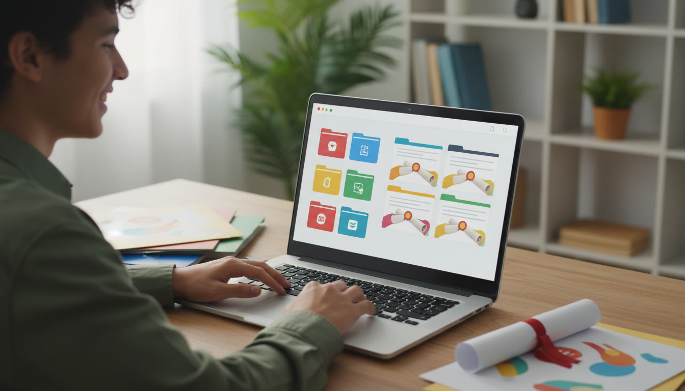 Photo Idea : Student organizing digital documents on a laptop, folders and certificates visible on screen