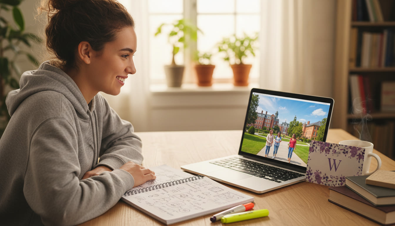 Photo Idea : Student sitting at a desk with IB notes, an open laptop showing a college brochure, and a Wellesley College postcard nearby