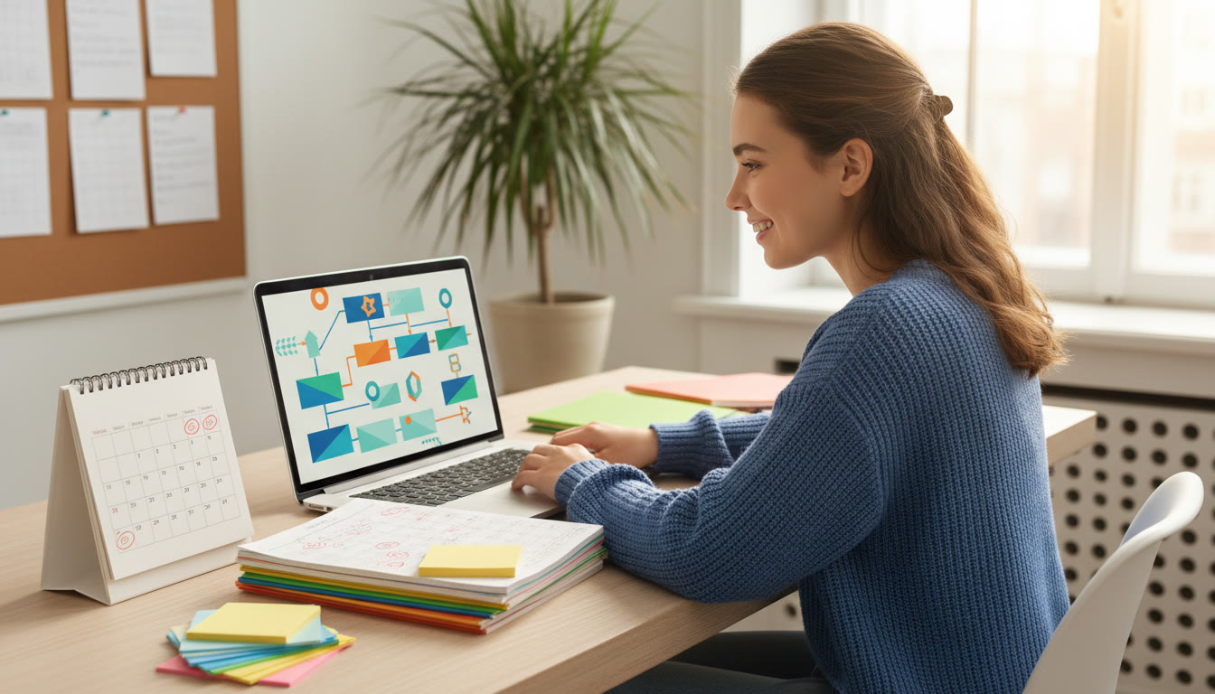 Photo Idea : A focused student at a tidy desk with a calendar, color-coded notes, and a laptop open to a study plan