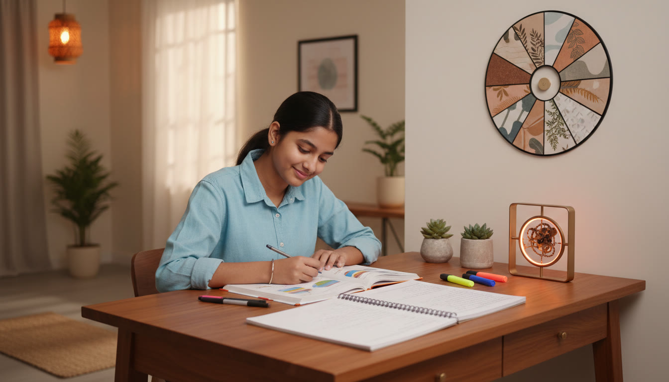 Photo Idea : a focused student at a desk with neat notes, a calendar, and a clock indicating study time