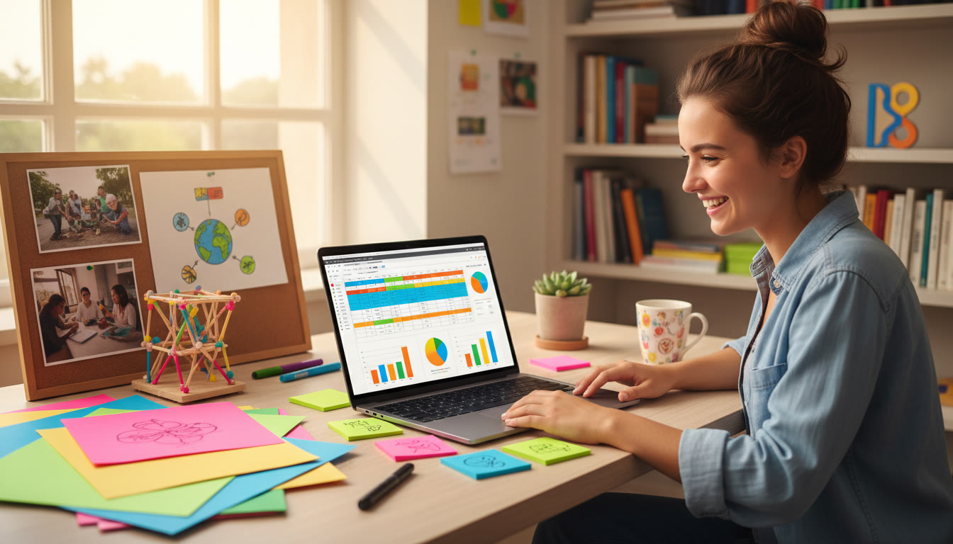 Photo Idea : A student at a desk building a colourful spreadsheet dashboard on a laptop with sticky notes and CAS project materials around