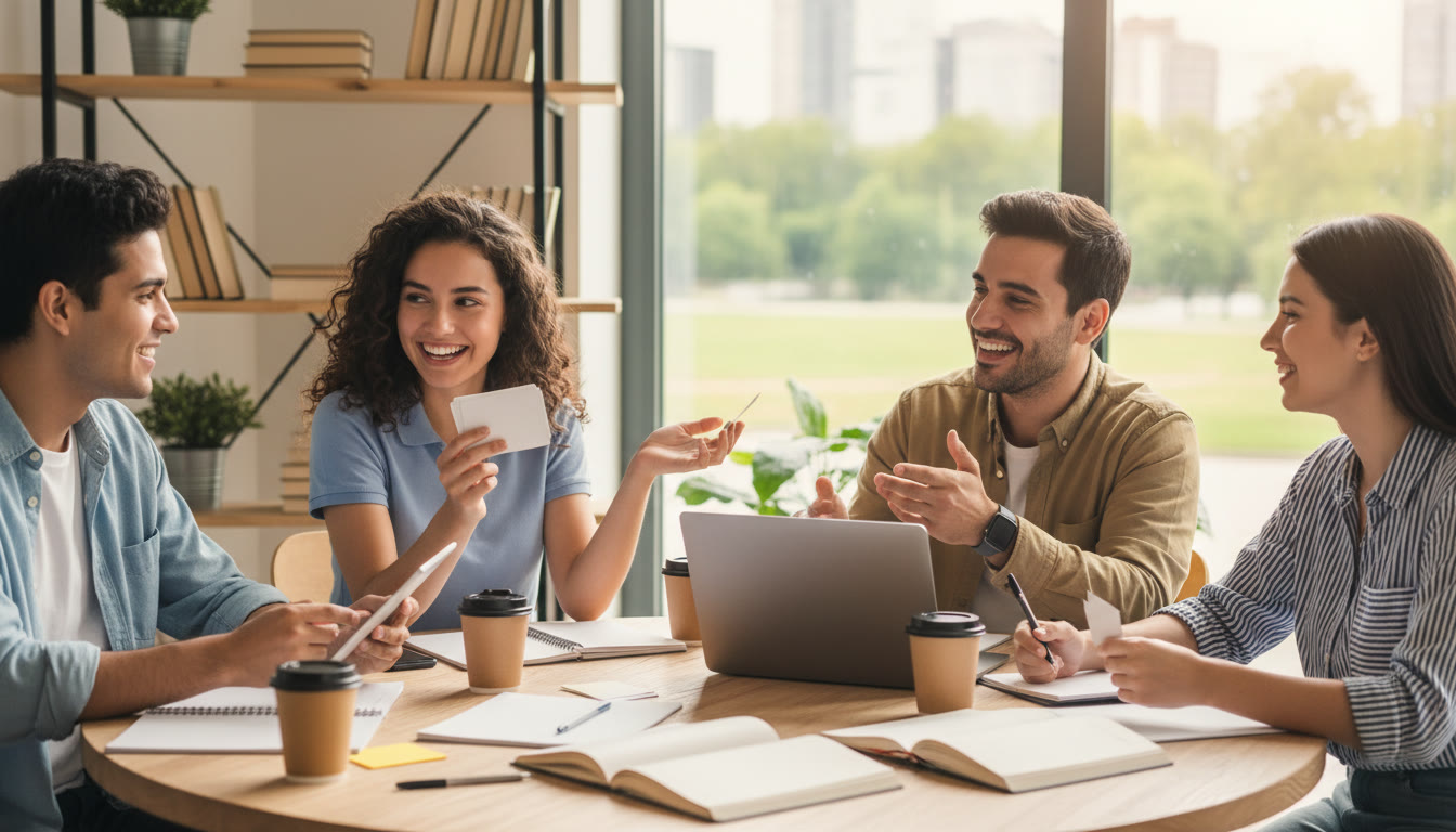 Photo Idea : A small study group rehearsing an interview around a table with note cards and a laptop