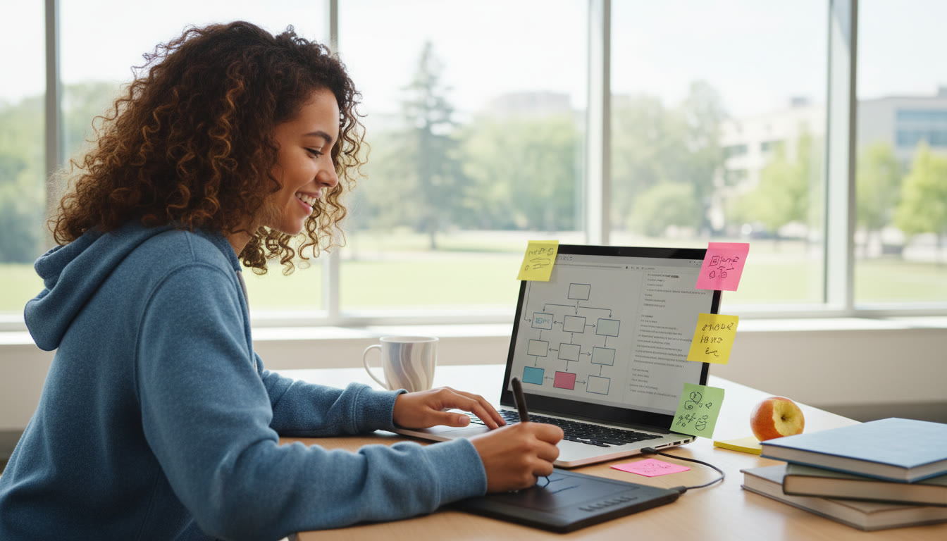 Photo Idea : Student at a laptop sketching a flowchart and typing code with sticky-note ideas visible