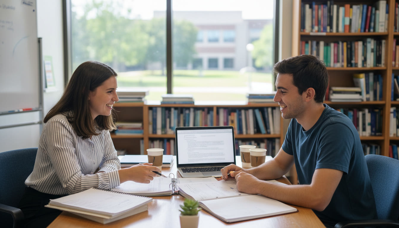Photo Idea : Small group tutorial in a quiet study room with a tutor and an IB student discussing an Extended Essay