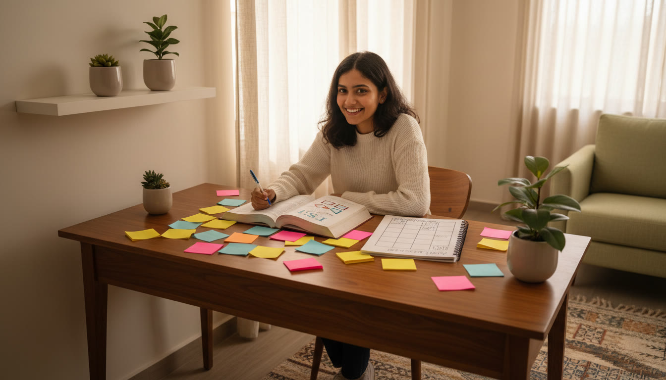 Photo Idea : Student at a desk with colourful notes, an open ISC textbook, and a notebook showing a weekly study plan