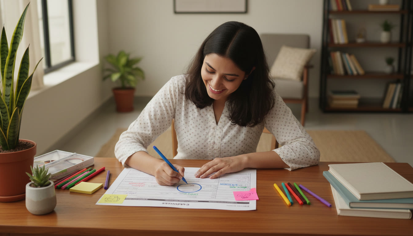 Photo Idea : A student marking chapters on a printed CBSE syllabus with colored pens and sticky notes