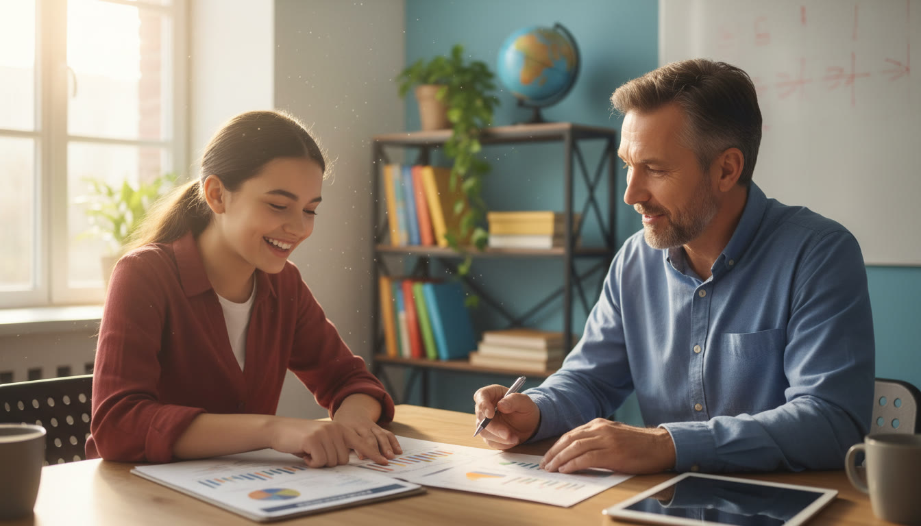 Photo Idea : A student and school counselor reviewing a report together at a desk