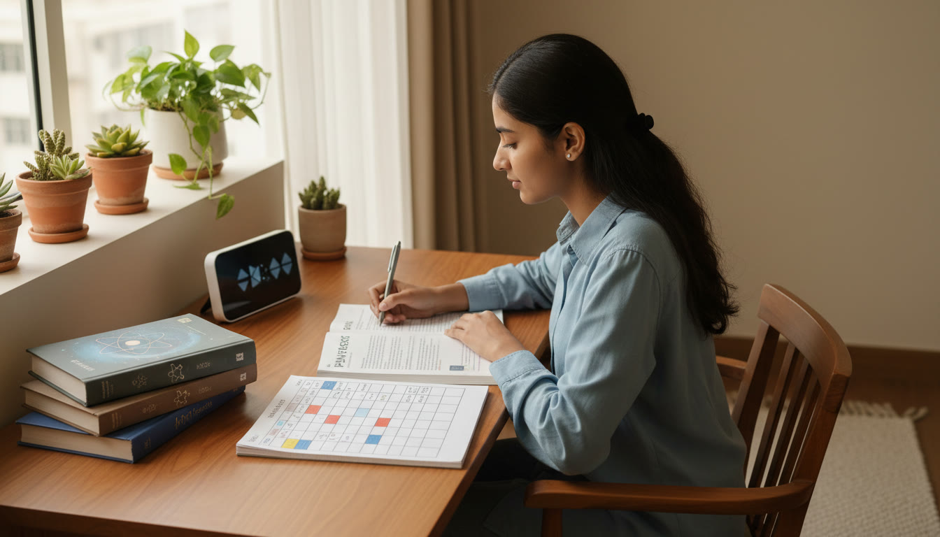 Photo Idea : A focused student at a tidy desk with a clock, textbooks for Physics, Chemistry and Mathematics, and a notebook showing a weekly plan