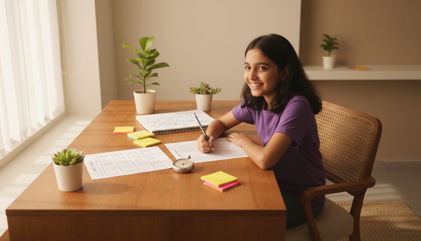 Photo Idea : Student at desk reviewing a mock test paper and an OMR sheet with a stopwatch and notes