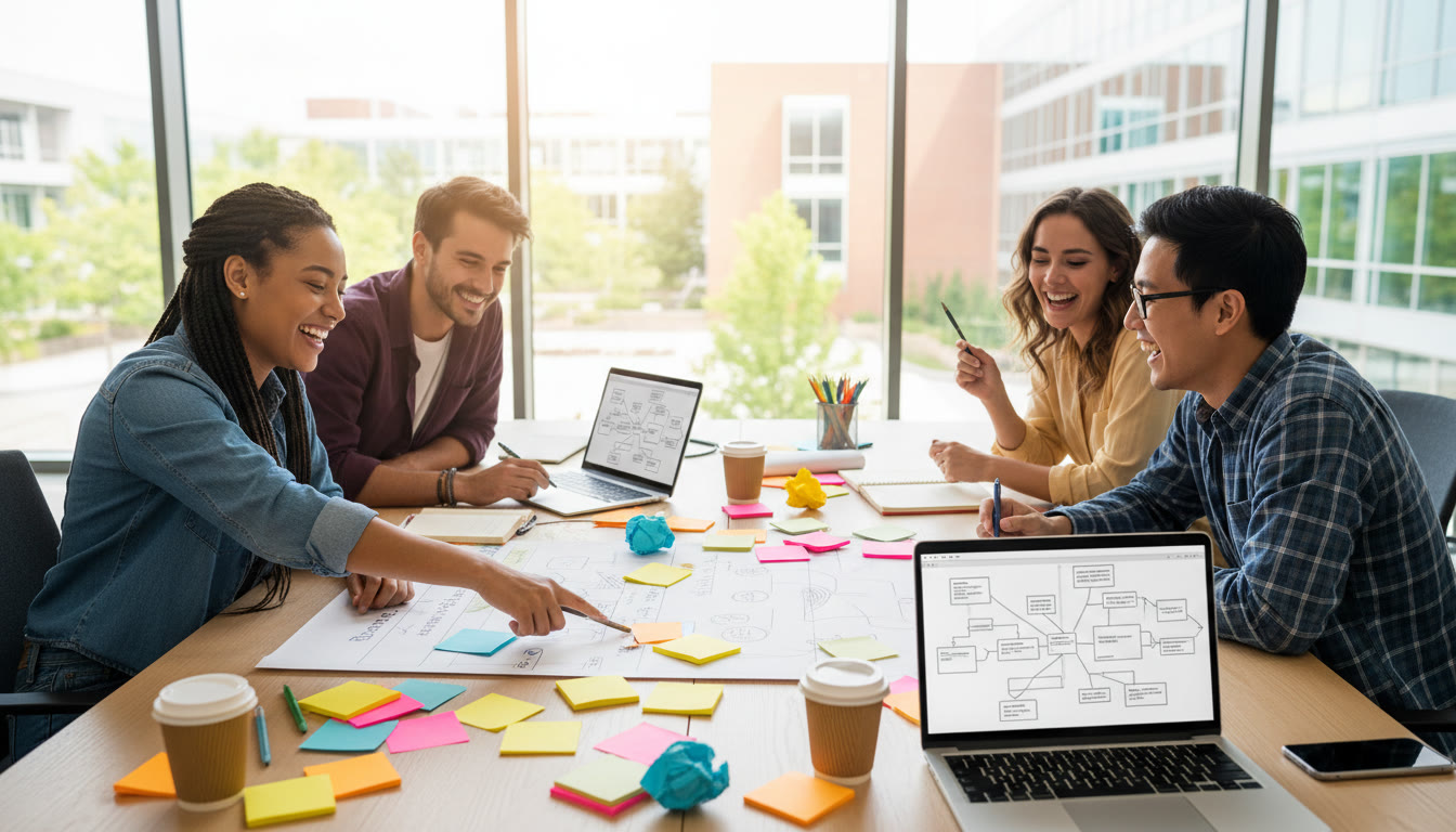 Photo Idea : Student brainstorming at a table with sticky notes, laptop, and a sketchpad, capturing the moment of idea development