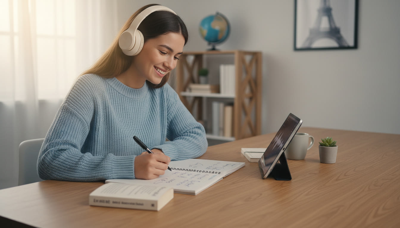 Photo Idea : Student wearing headphones and taking neat notes while listening to an audio passage in French
