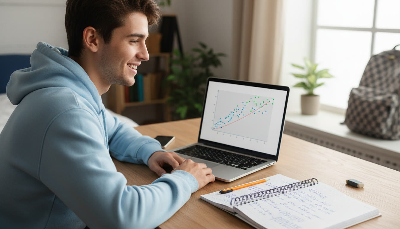 Photo Idea : A student at a laptop creating a simple regression chart with a notebook of handwritten calculations nearby