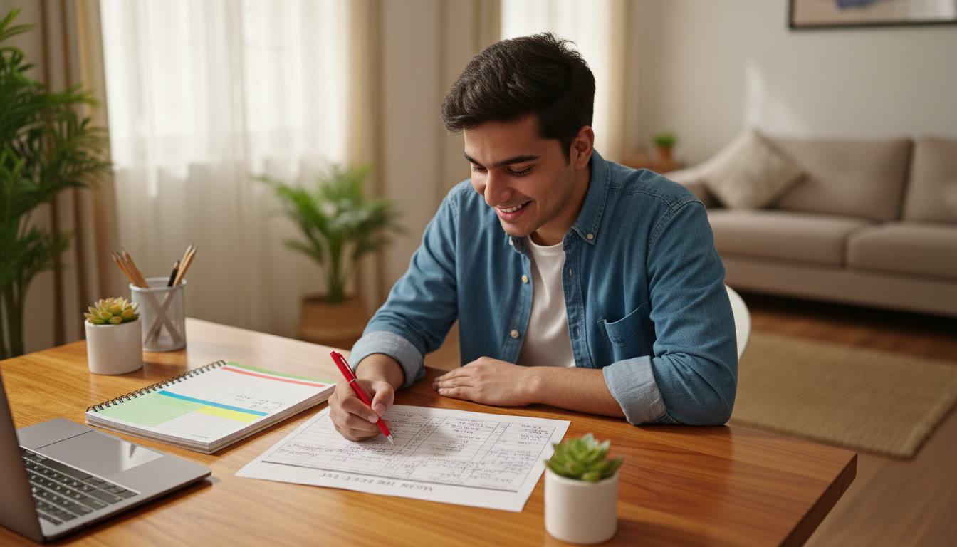 Photo Idea : a student analyzing a mock test score sheet with a pen and color-coded mistake log