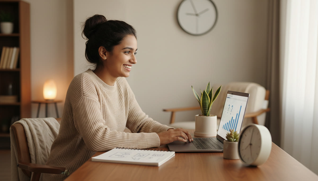 Photo Idea : Student taking a timed mock test on a laptop, with a notebook and a clock beside the screen