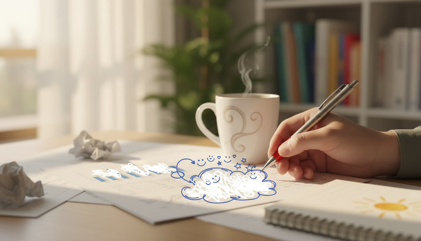 Photo Idea : Close-up of a handwritten annotation on a printed report, with a pen and coffee cup visible.