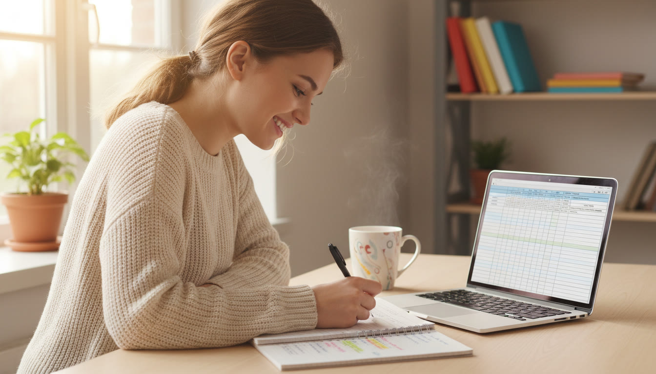 Photo Idea : Student writing in a neat notebook at a study desk, a laptop open with a CAS log template visible