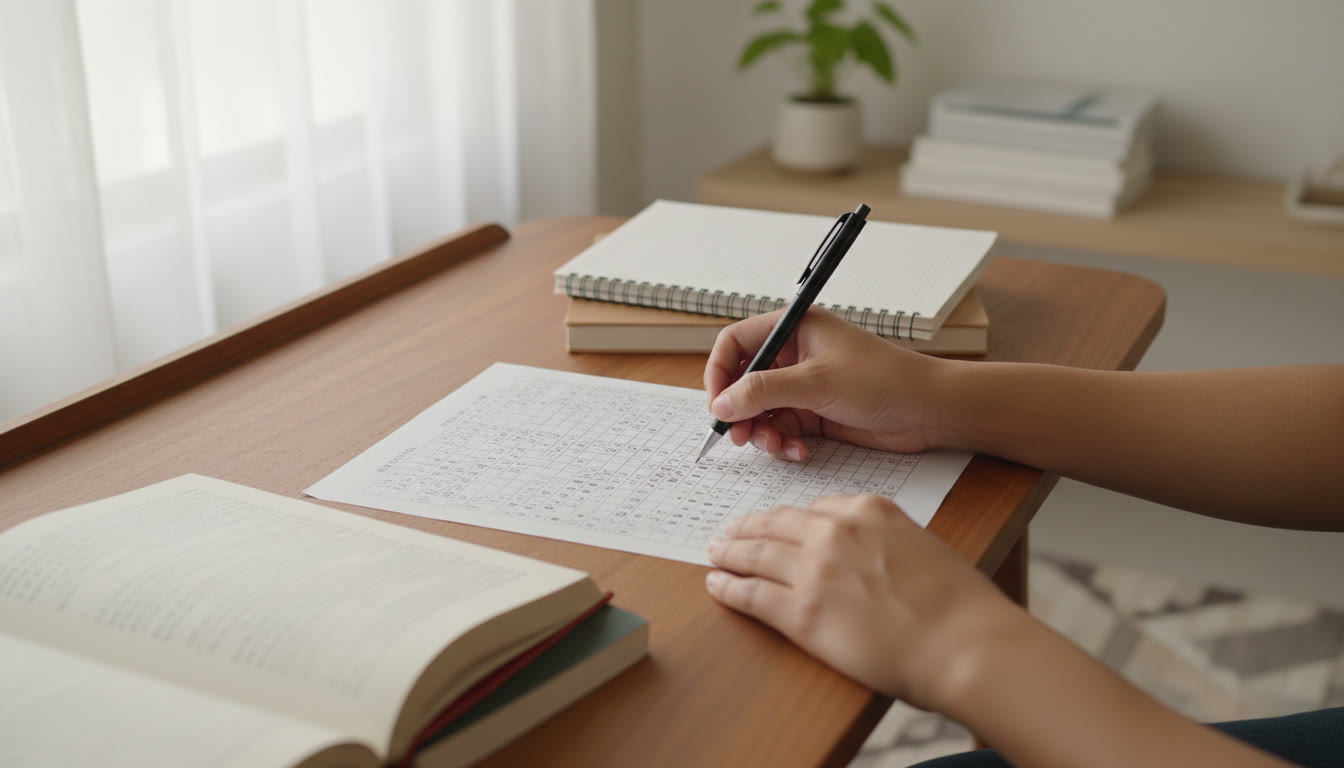 Photo Idea : Close-up of hands marking answers on an OMR sheet with a calm study environment