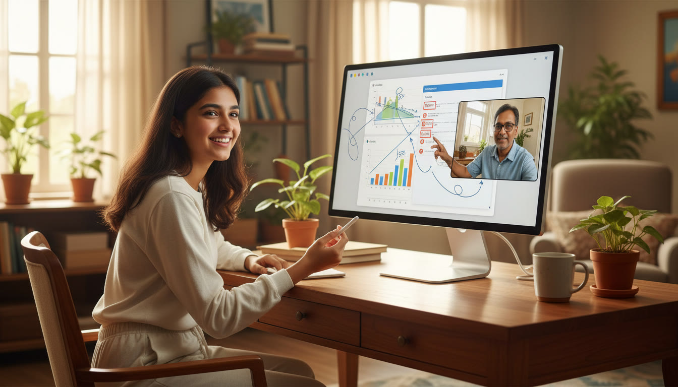 Photo Idea : A student in a one-on-one online tutoring session, screen showing annotated mock analysis and a tutor pointing to error log entries.