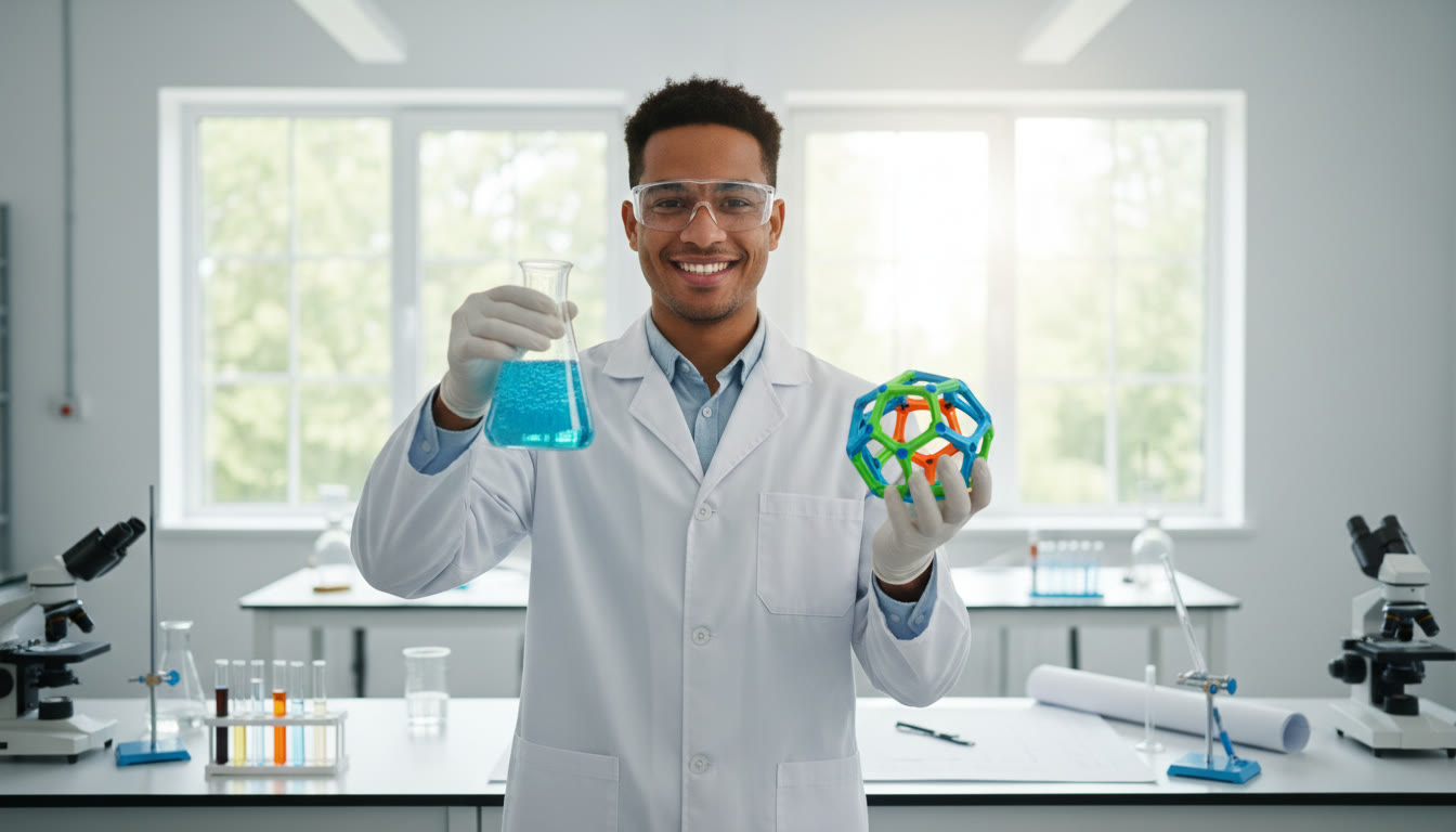 Photo Idea : Student in a lab holding a beaker on one side and a 3D-printed prototype on the other