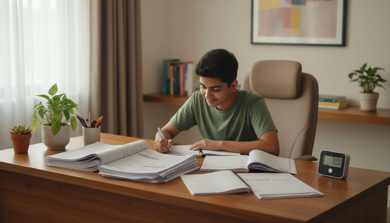 Photo Idea : A focused student solving a set of previous year question papers at a study desk with a timer and notes