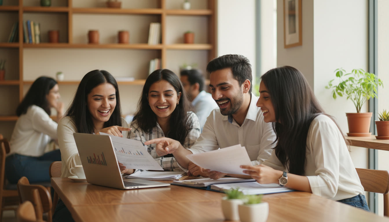 Photo Idea : Students comparing placement charts and offer letters on a laptop at a café