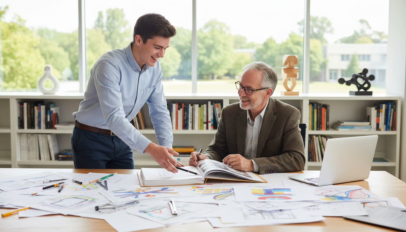 Photo Idea : A student presenting a design portfolio to a tutor at a desk with sketches spread out