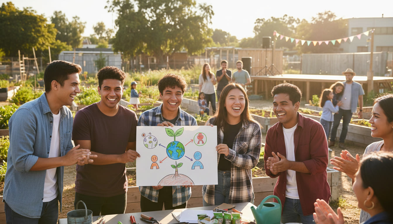 Photo Idea : A small team of students running a community workshop, smiling and holding up a poster