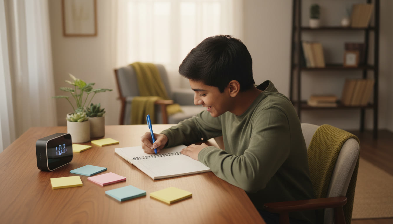 Photo Idea : A student writing in a revision notebook with a timer and sticky notes