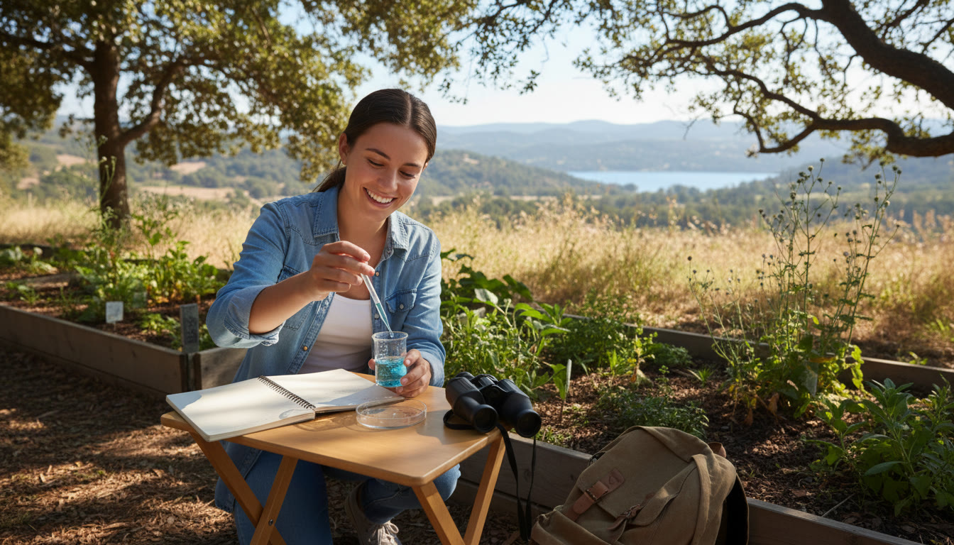 Photo Idea : A student conducting a small experiment outdoors, taking notes beside native plants