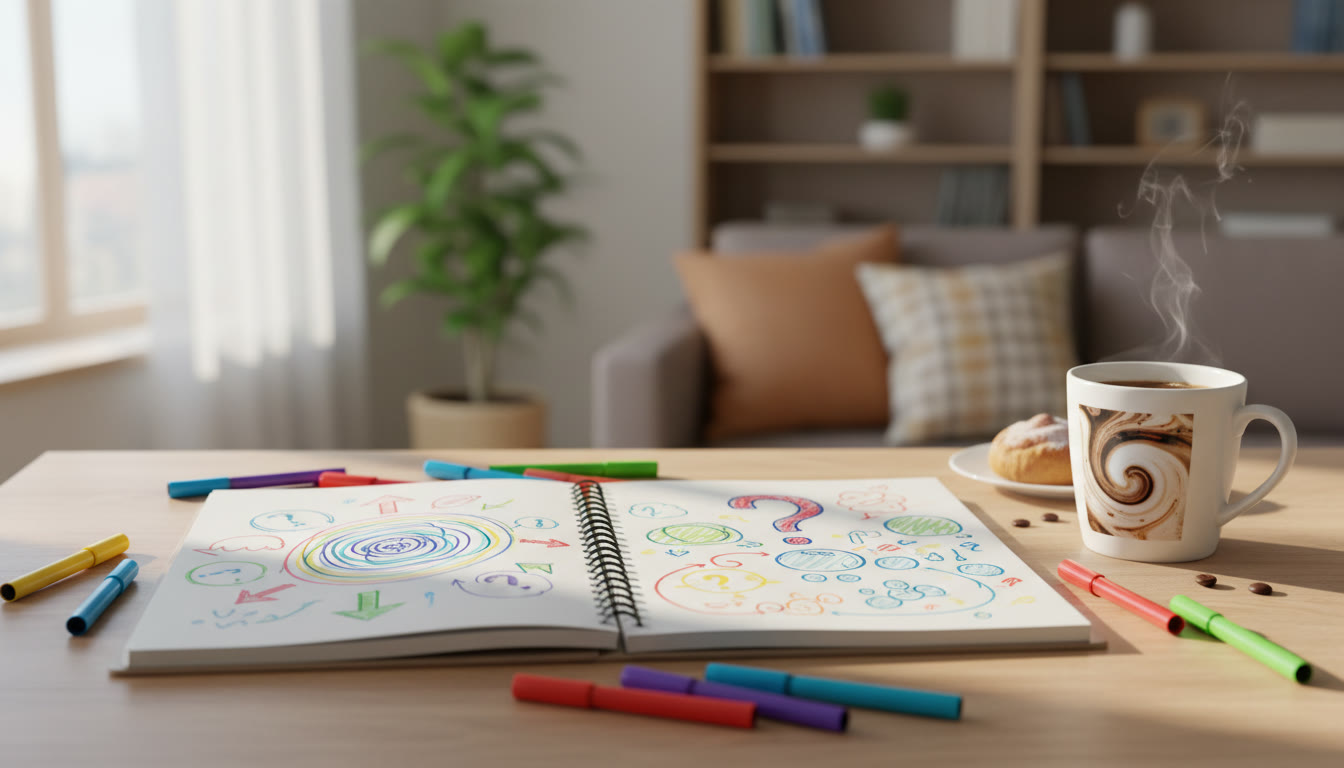 Photo Idea : open notebook with annotated TOK question, colored pens, and a cup of coffee