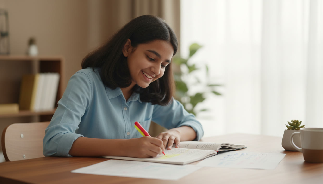 Photo Idea : A student checking answers against a solved paper, highlighting errors and writing correction notes