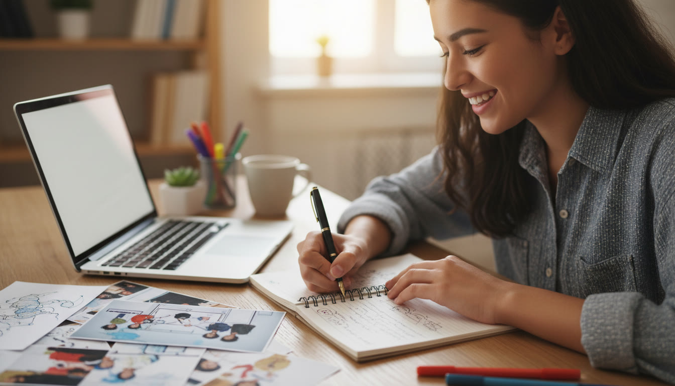 Photo Idea : Close-up of a student writing reflective notes in a notebook beside laptop and project photos