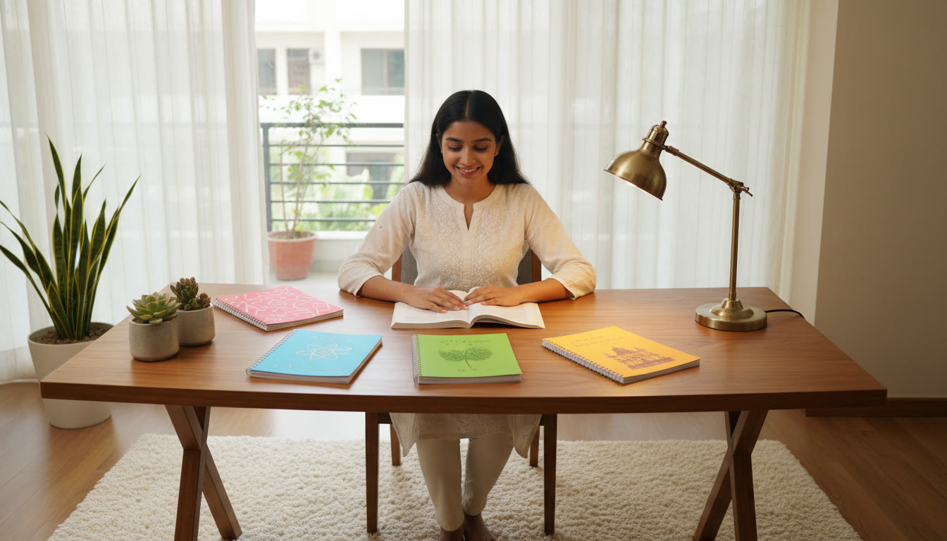 Photo Idea : A focused student at a desk surrounded by subject-wise notebooks and a lamp