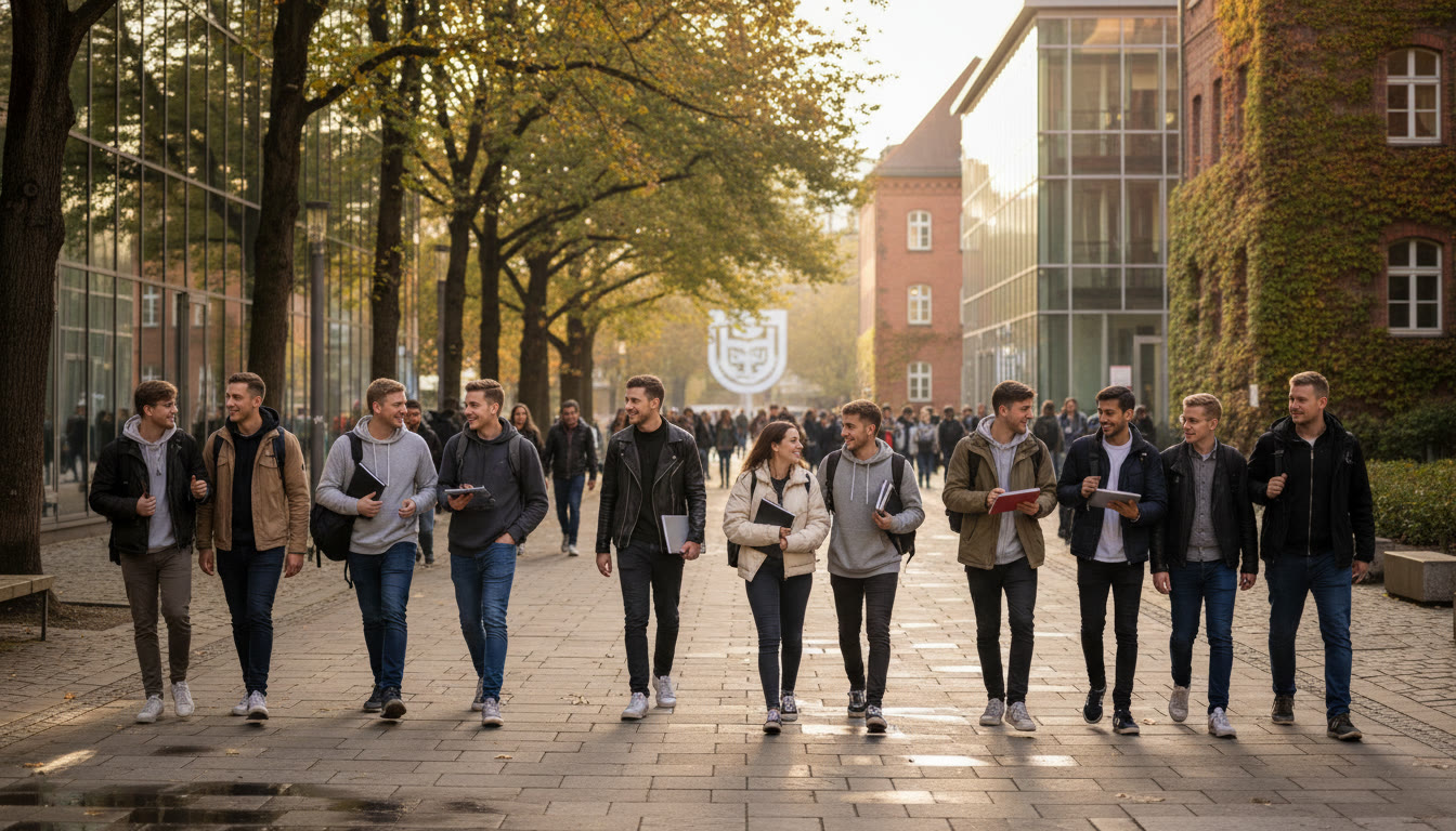Photo Idea : TUM campus walkway with students carrying backpacks and laptops between lecture halls