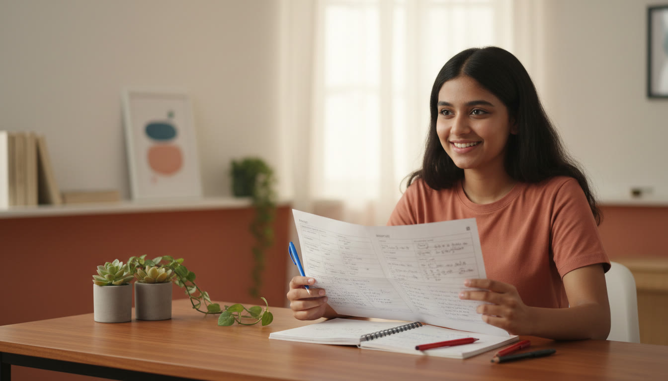 Photo Idea : A student reviewing a mock-test printout with handwritten error-log notes and a colored pen