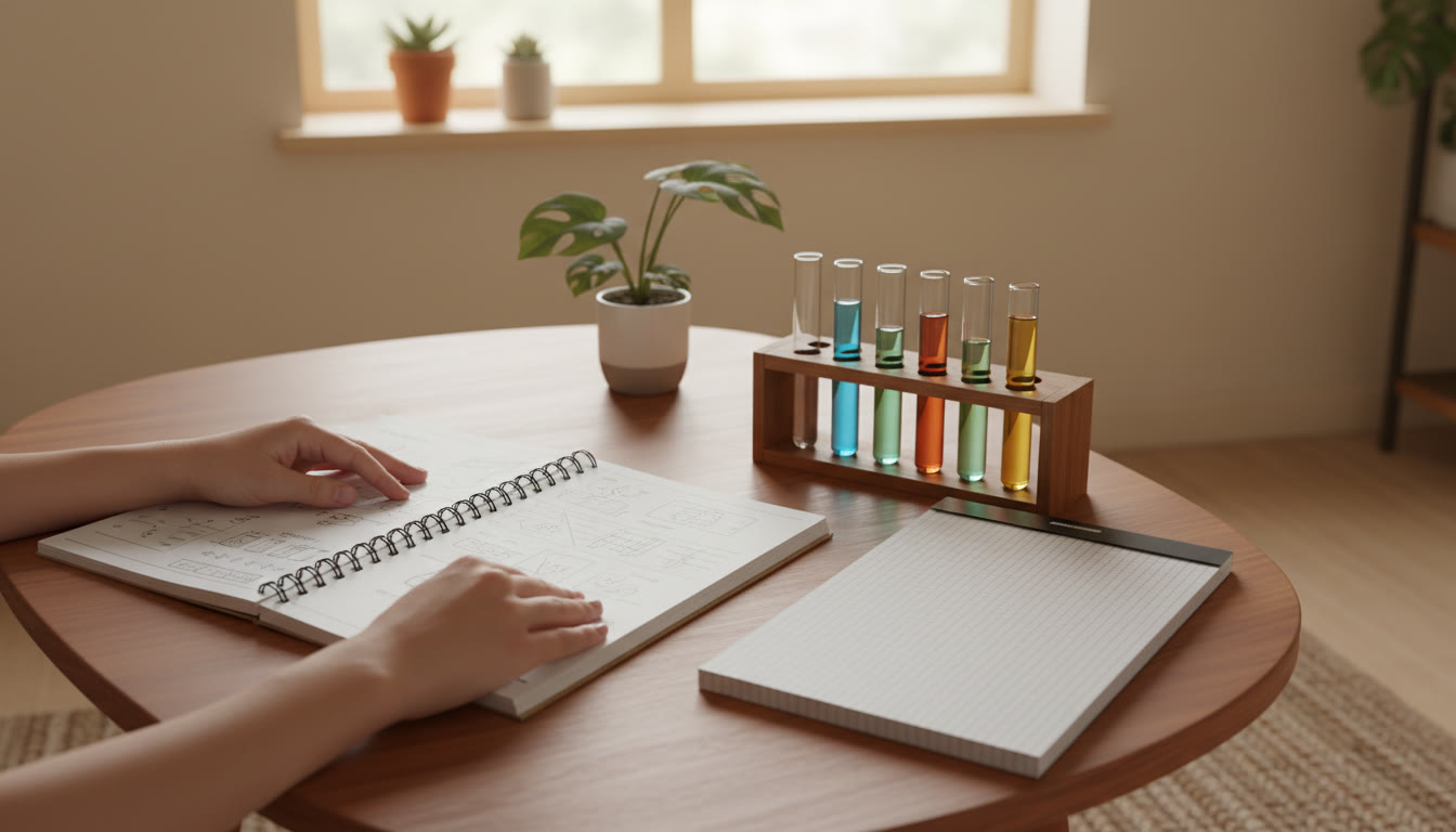 Photo Idea : Hands holding a neatly annotated lab manual next to test tubes and a practical record notebook