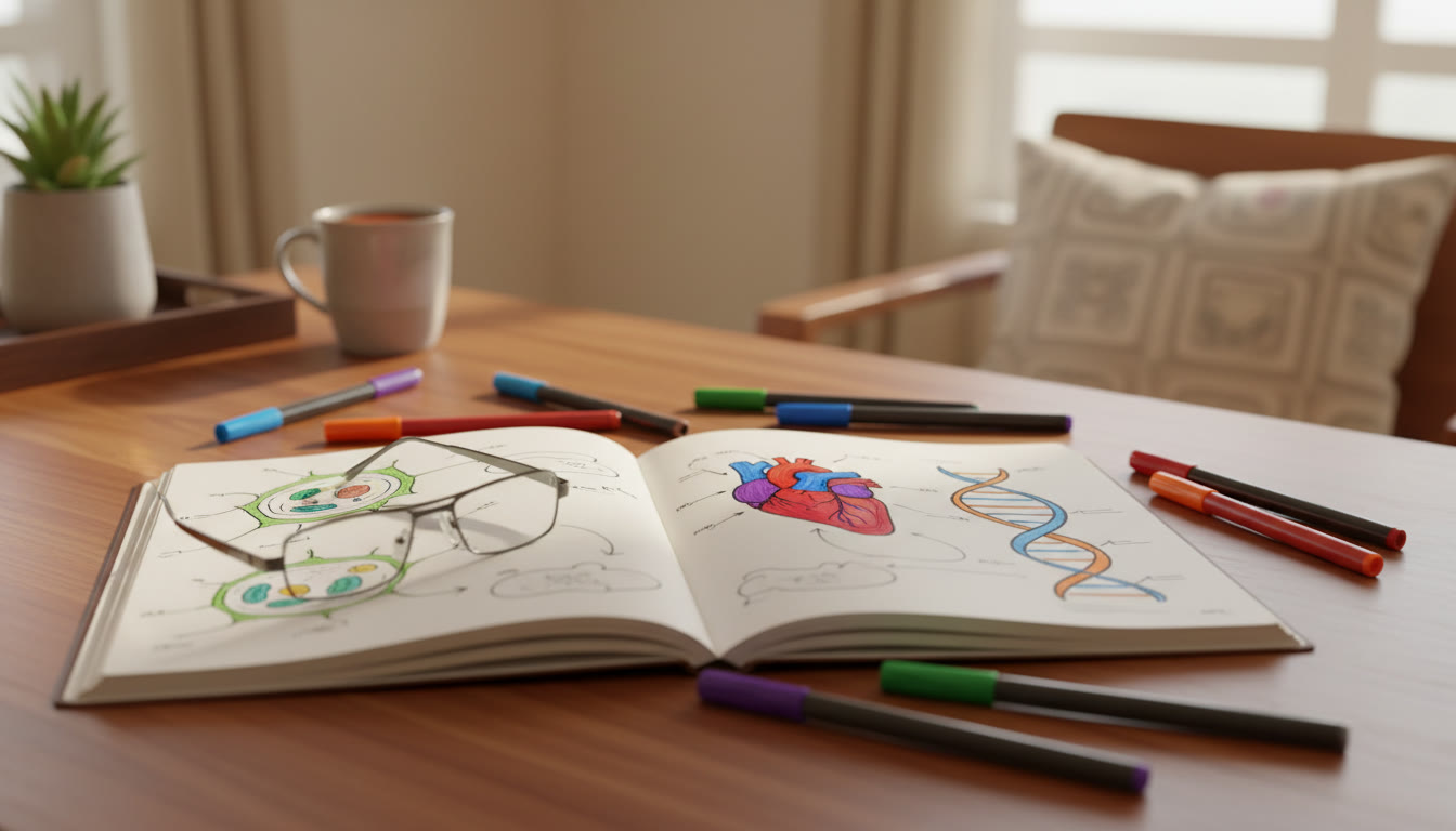 Photo Idea : Close-up of open biology notebook with hand-drawn labeled diagrams and colored pens