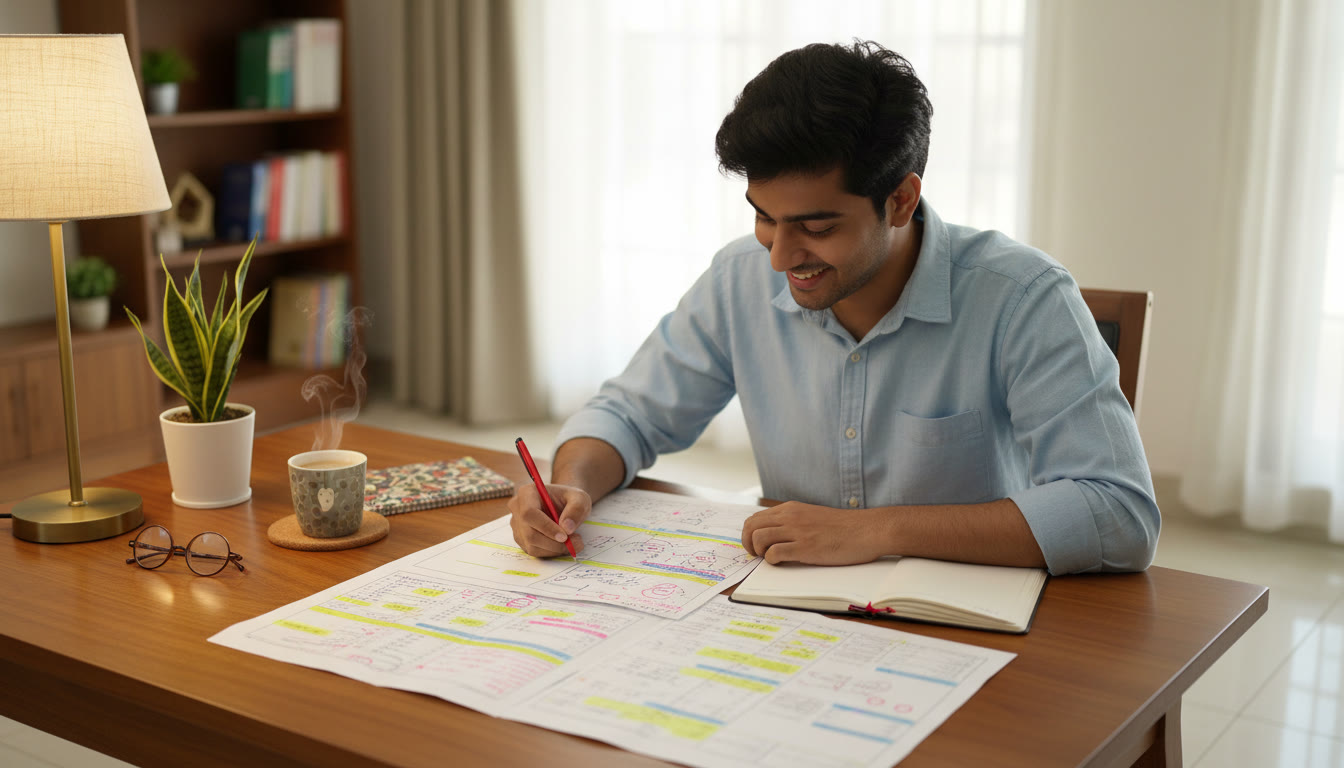 Photo Idea : a focused student analyzing a mock test paper with highlighted mistakes and notes on a desk