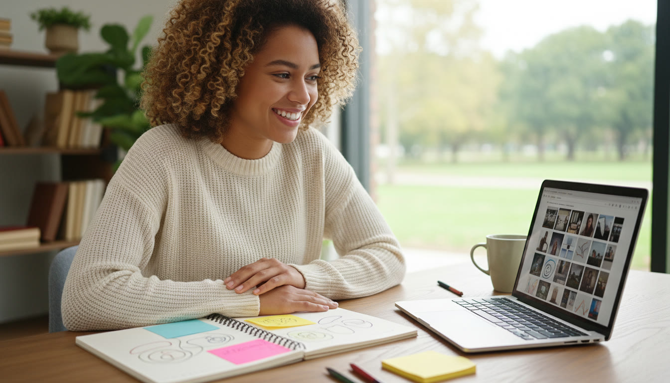 Photo Idea : A student sitting at a table with a notebook labeled 