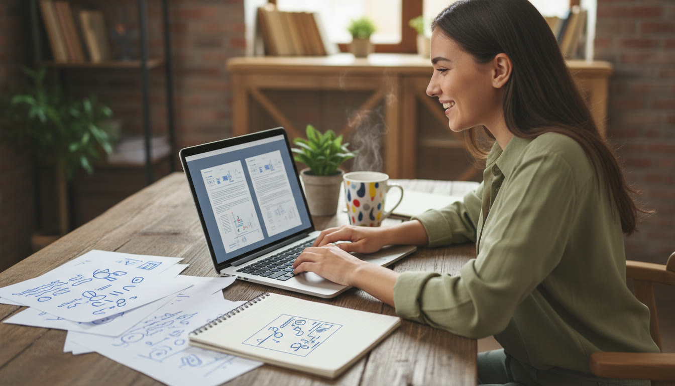 Photo Idea : Student comparing two open documents on a laptop screen, notes scrawled around