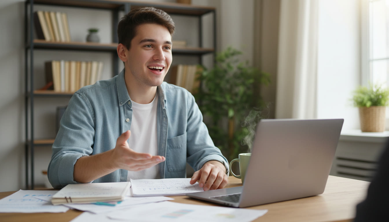 Photo Idea : Student preparing for an interview with notes and a laptop, practising answers aloud