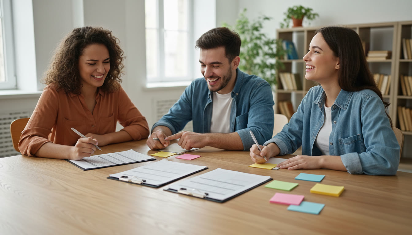 Photo Idea : A small team reviewing volunteer sign-in sheets and filling out reflection cards