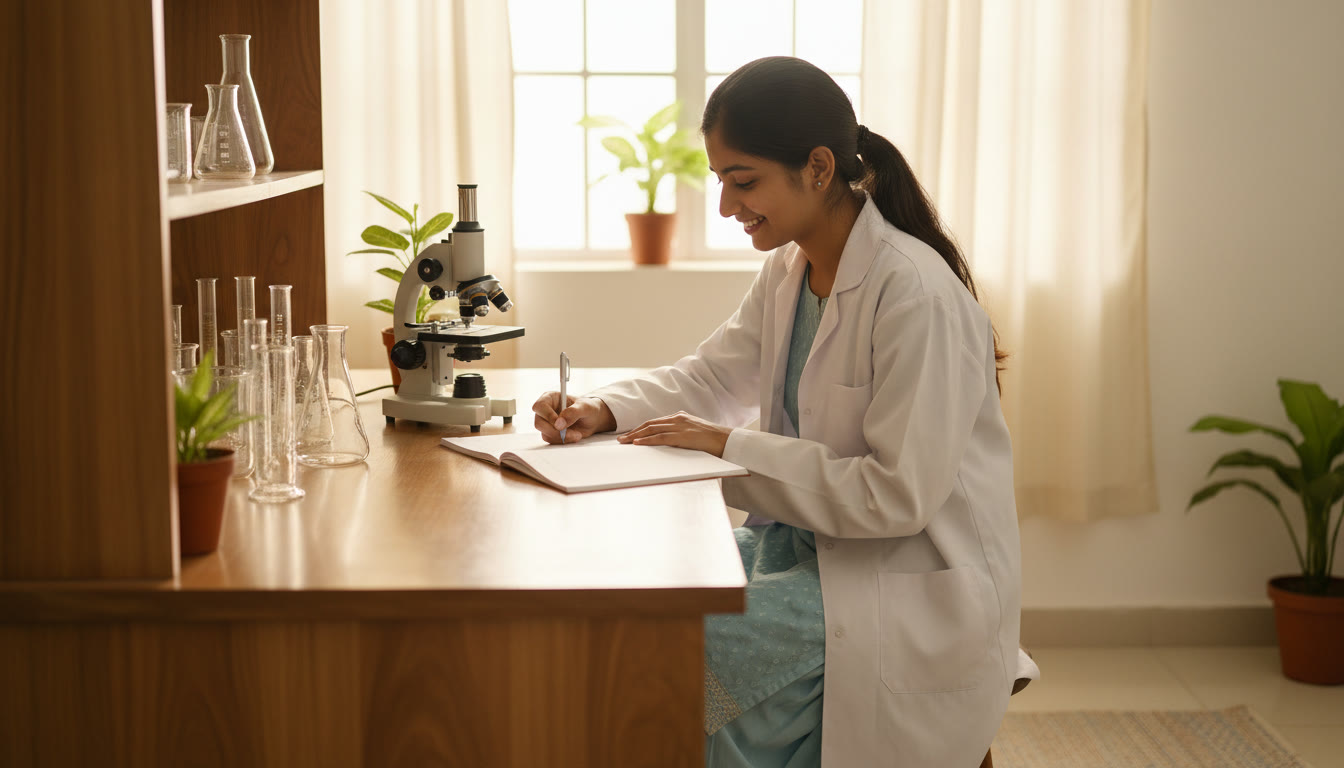 Photo Idea : A well-organized lab bench with a student writing a lab report, glassware and a microscope visible
