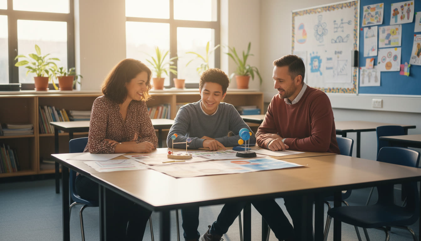 Photo Idea : Teacher and parent reviewing student work together in a bright classroom