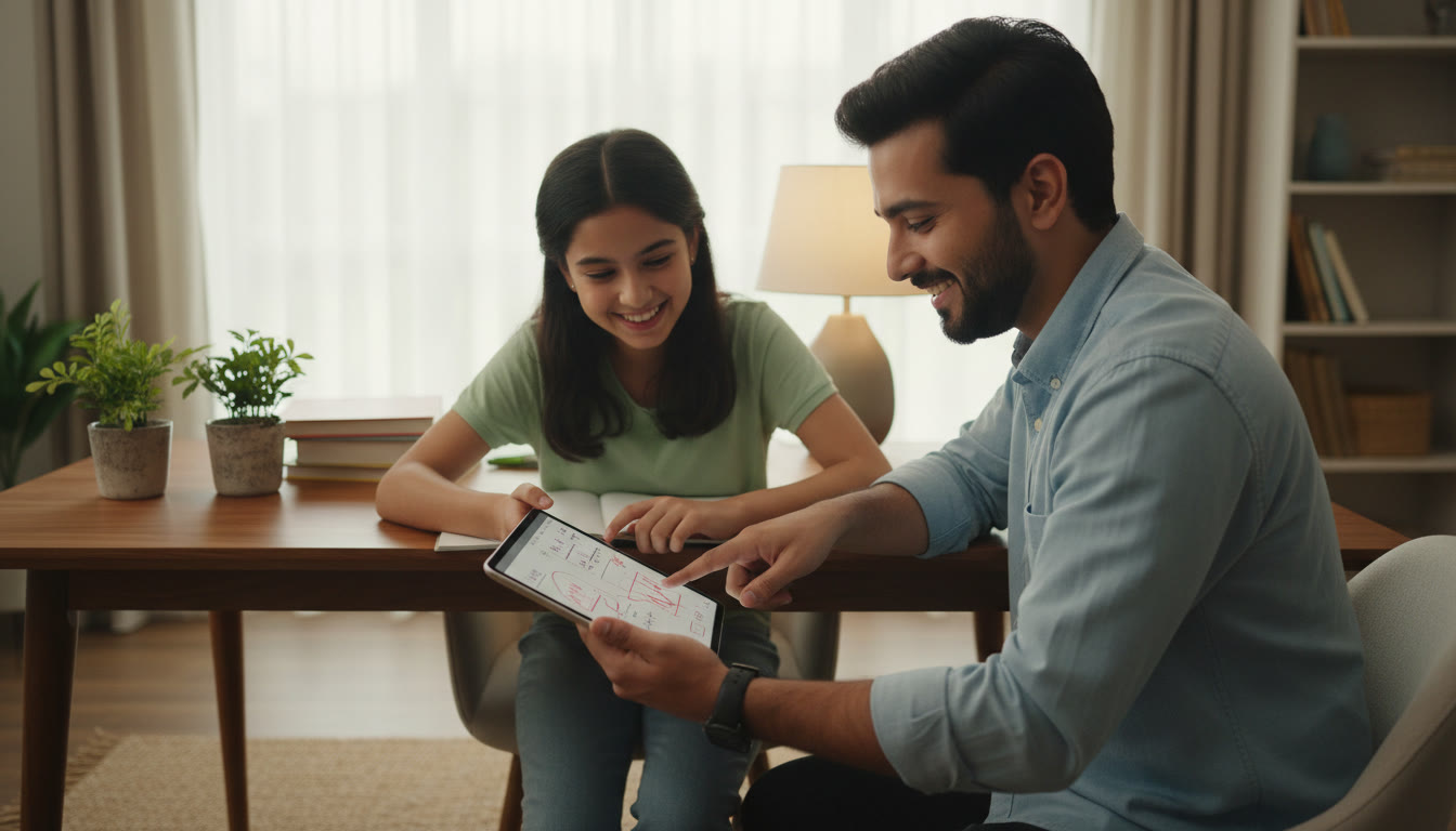 Photo Idea : A student and tutor reviewing a mock test on a tablet, pointing at highlighted errors and notes